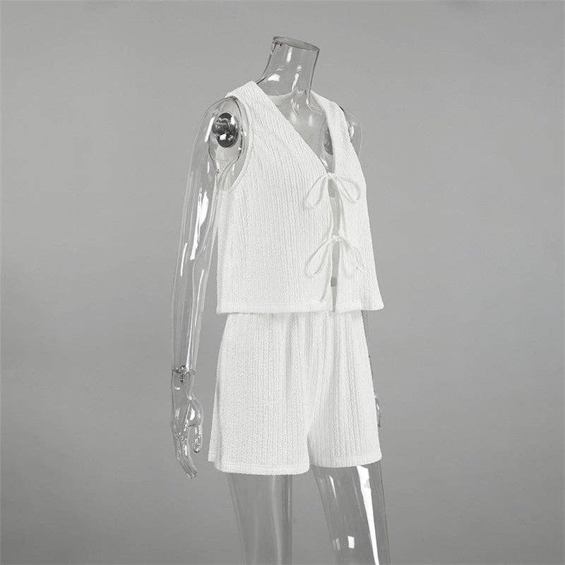 WHITE Bubble Texture Sleeveless Tie Waist Vest Hotpants Set for wholesale on Faire4