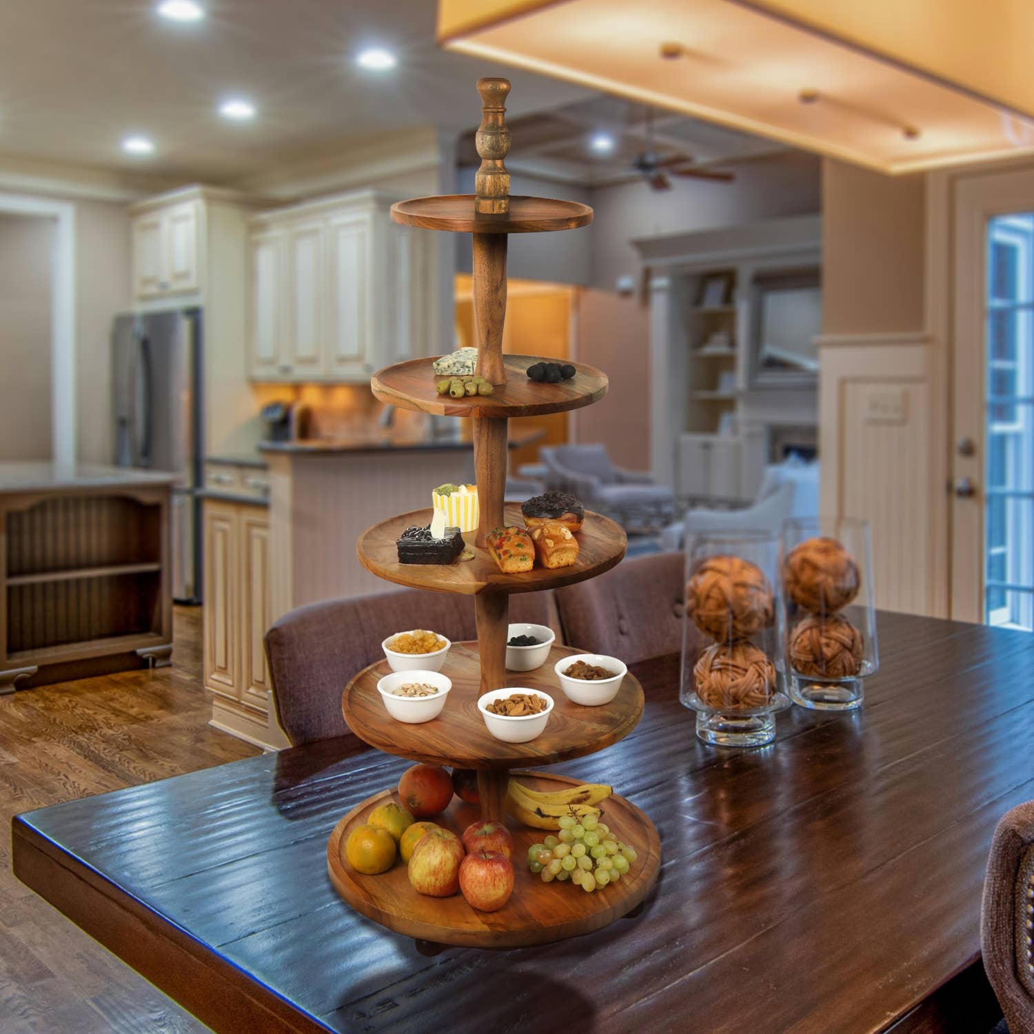 5-vånings tårtfat i akaciaträ, 110 cm högt för wholesale av India Handicrafts Inc