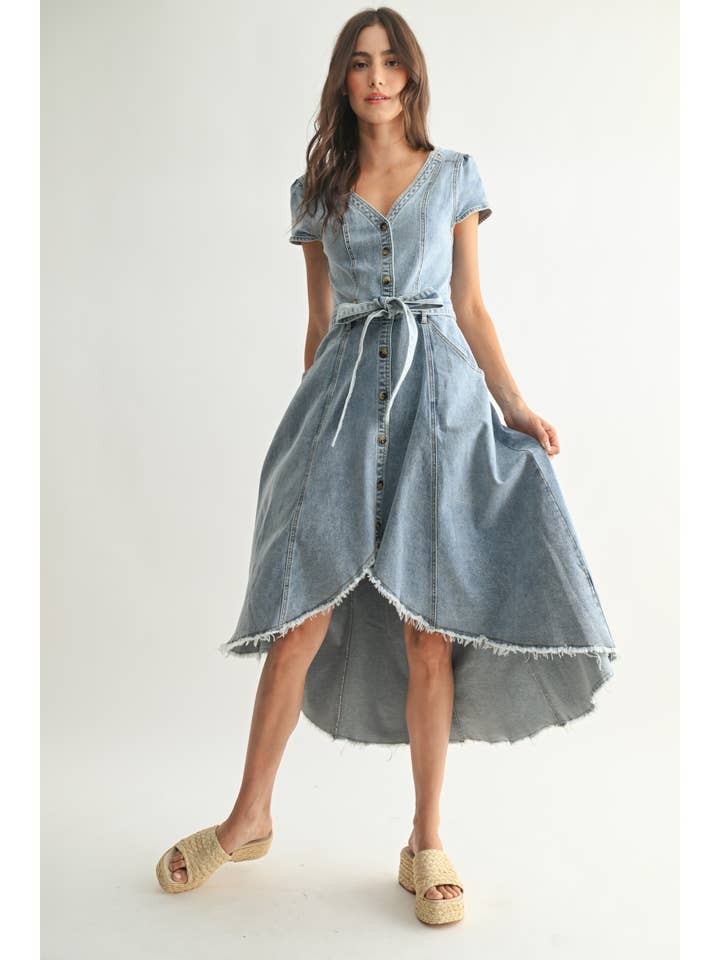 FRONT BUTTON DOWN ASYMMETRICAL DENIM DRESS for wholesale by Camellia