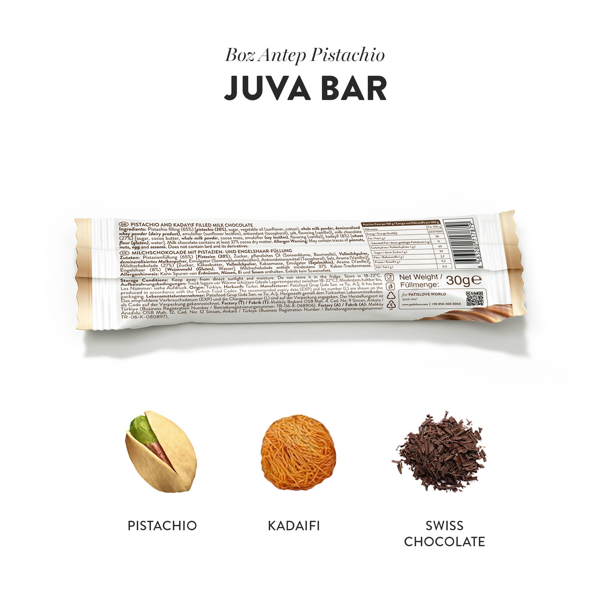 Patislove - Vente Barre chocolatée - Chocolat au lait fourré pistache et kadayif, 30 g3