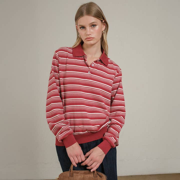 RAISONNEL - Wholesale Polo - Women's - Striped Polo Long Sleeve – Burgundy & Navy - RTK1008