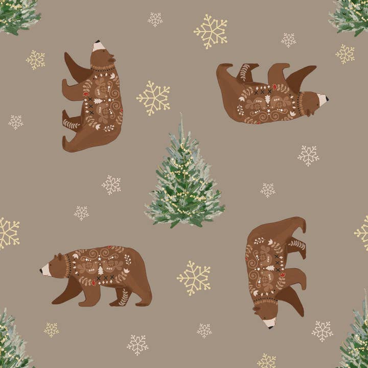 Rouleau de papier cadeau de Noël brun | Ours et sapin de Noël pour la vente par Waterleaf Paper Co.