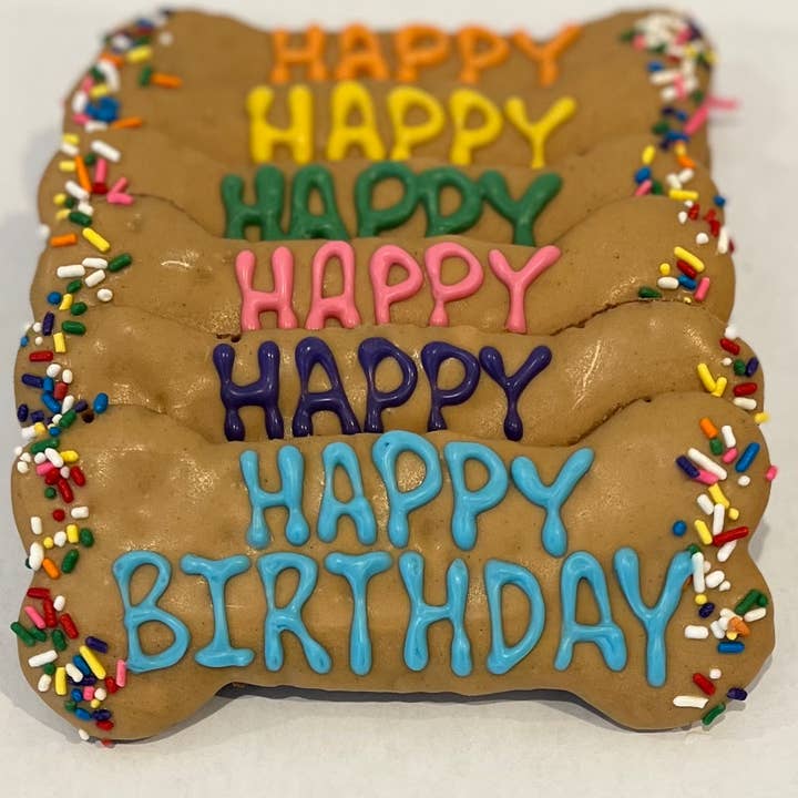Happy Birthday PB 6" Dog Bones for wholesale by DELCO DOG CO.