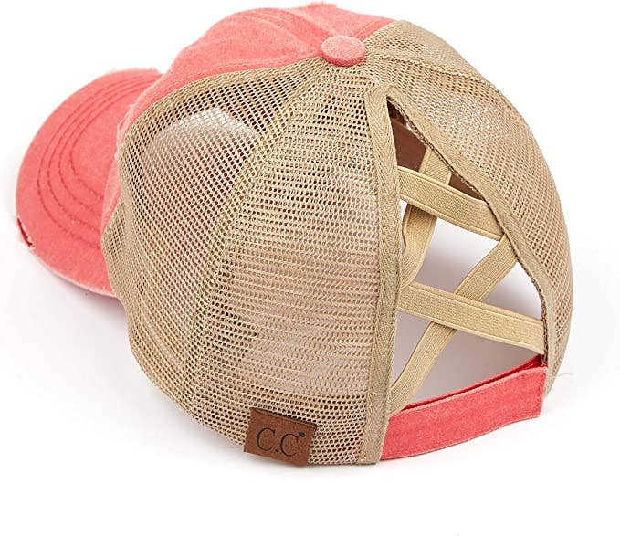 Funky Junque - Wholesale Ponytail Cap - Women's - Criss Cross Ponycap - Coral2