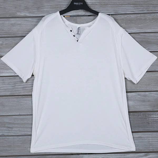 M2O: White Raw Edge Button Henley for wholesale by Mad Style