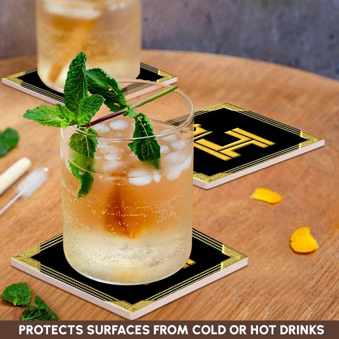 3dRose – wholesale Coasters – 3dRose, King, queen crown, rich frame. Yellow on black. Handsome letter H, Coaster2