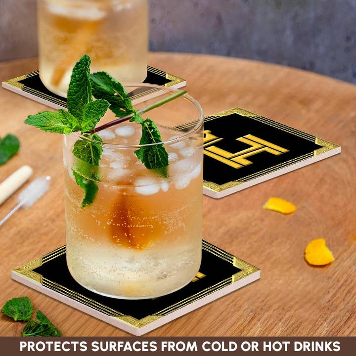 3dRose - Vendita all'ingrosso Sottobicchiere - 3dRose, Re, corona della regina, cornice ricca. Giallo su nero. Elegante lettera H, Sottobicchiere2