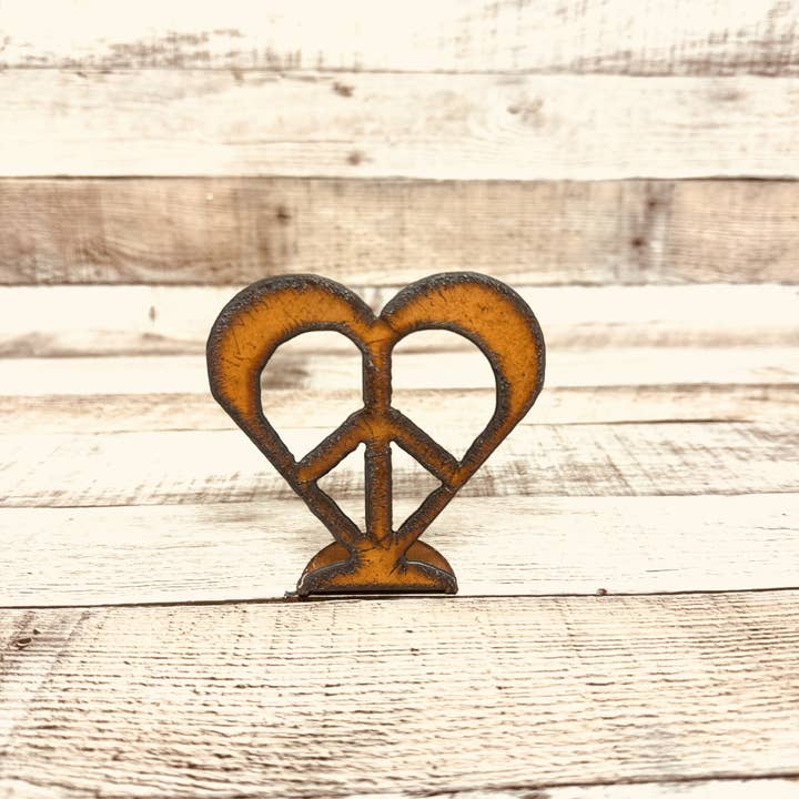 Universal Ironworks USA - Wholesale Decorative Figurine - Heart with Peace Sign Rustic Metal Standing Figurine Hippie