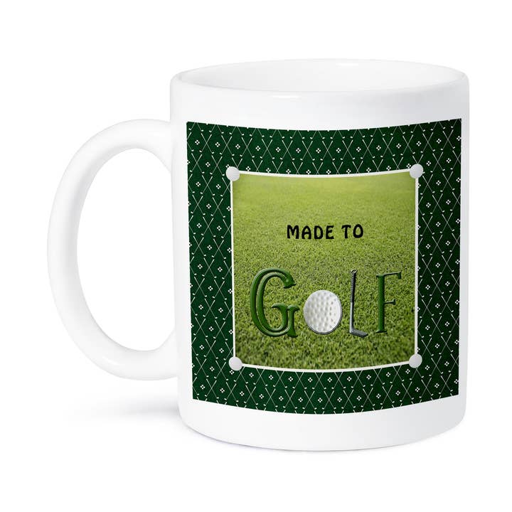 3dRose - Wholesale Coffee mug - 3dRose, Made to Golf, Golf Ball is the O, Golf Club is the L, Grass Background, Mug8