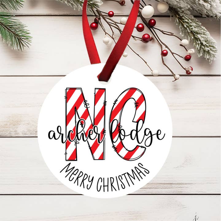 Giftable Memories - Wholesale Ornament - CUSTOM Town State Candy Cane Font Christmas Ornament