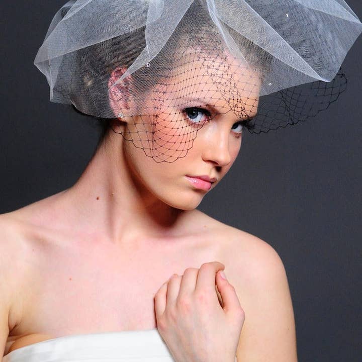 Ariel Taub - Wholesale Veil – Women’s - Antoinette Black and White Netting and Tulle "Hat" Cage Veil0