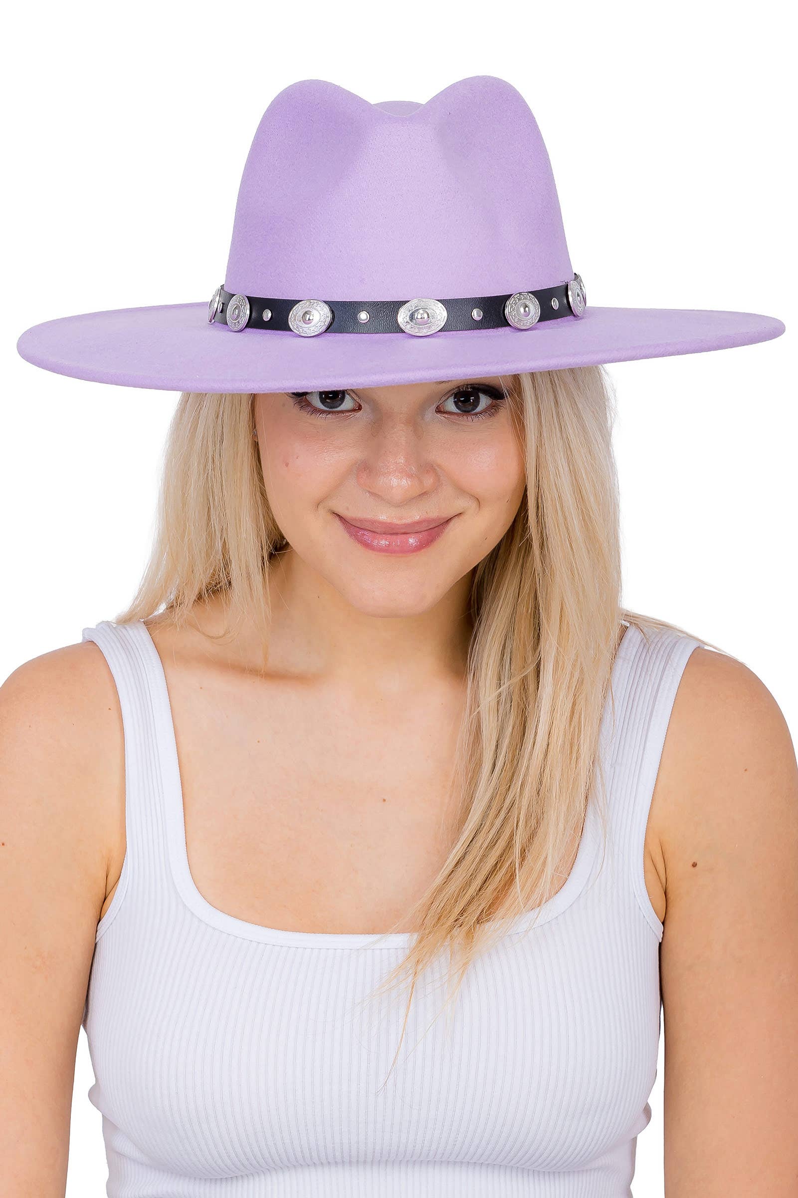 Cap Zone – wholesale Fedora – Women’s – Concho Belt Wide Flat Brim Felt Rancher Hat23