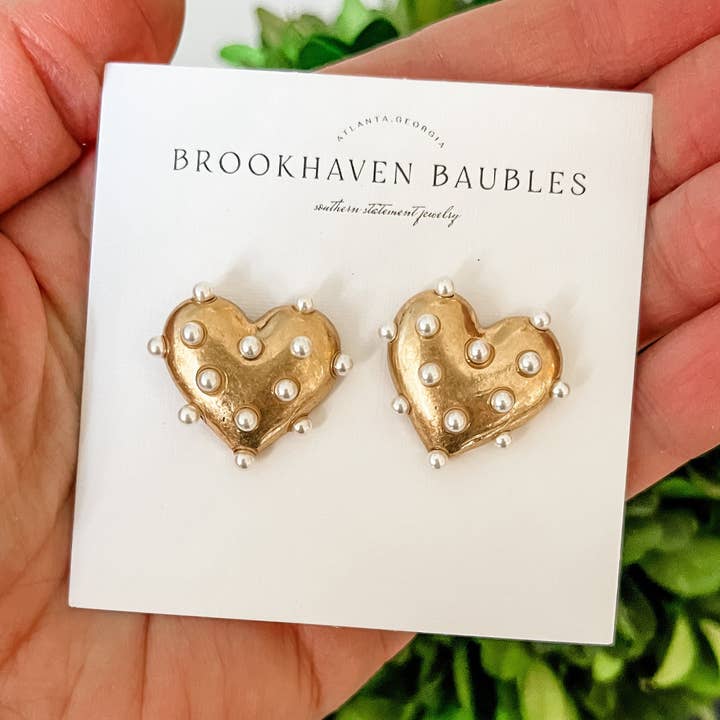 Brookhaven Baubles - Wholesale Stud/Post Earrings - Gold Pearl Heart Statement Studs - Valentine's Xoxo0