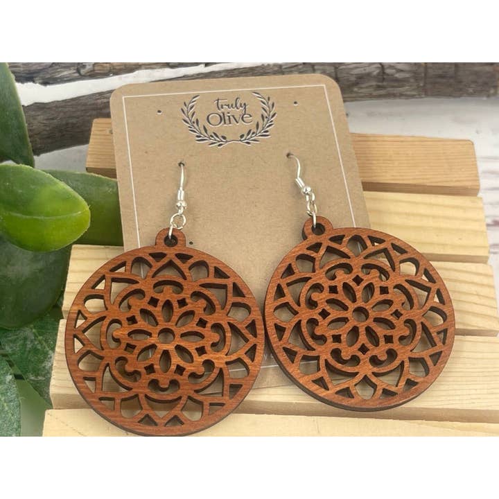 Wood Mandela Circle Shape Lightweight Earrings for wholesale by Truly Olive