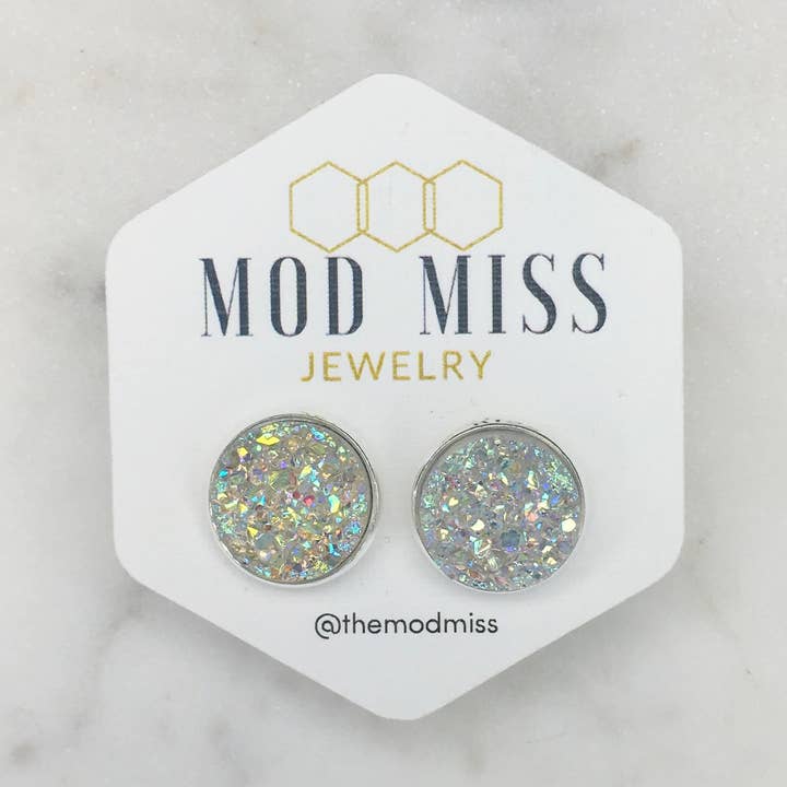 Druzy Stud Earrings '' AB Clear'' for wholesale by The Mod Miss