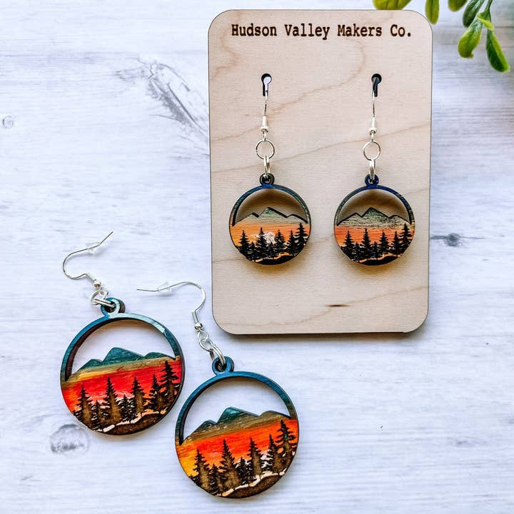 Mountain Scene Boho Dangle Wood Earrings, Sunset Forest for wholesale by Hudson Valley Makers Co.