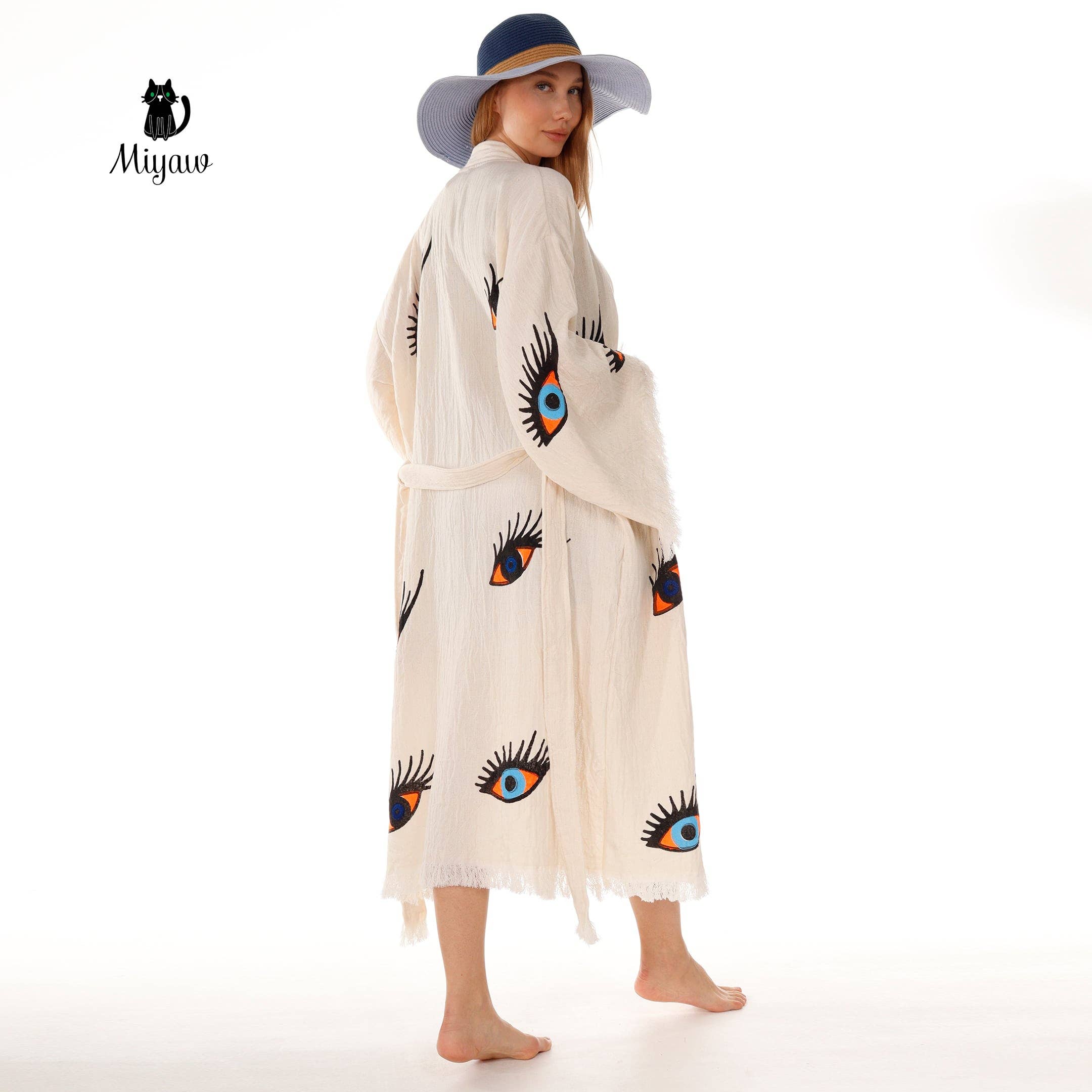 Beige Organic Cotton Evil Eye Kaftan, Kimono Robe for Home for wholesale on Faire5