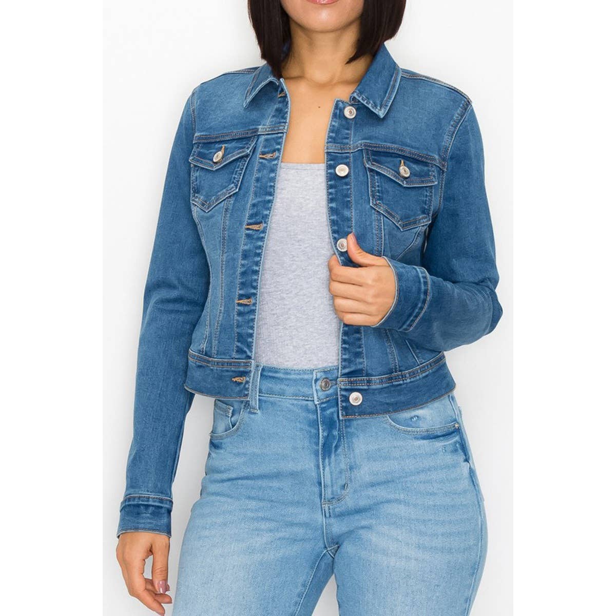 UP CLOTHING - Wholesale Denim Jacket - Women's - STONE WASHED BASIC DENIM JACKET WITH TWO POCKETS3