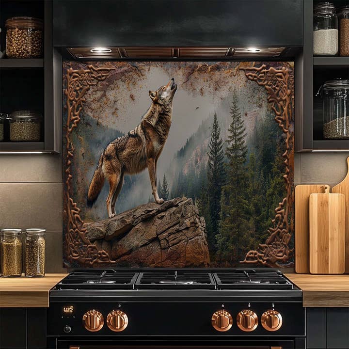 Howl Spirit – Tempered Glass Backsplash for Kitchen | Wolf and Forest Landscape Backsplash for wholesale by Glass Kitchen Backsplash