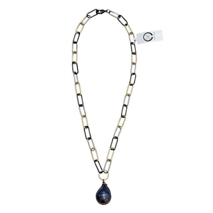 168-09-SHORT | TRICOLOR LINK NECKLACE W/ BLACK PEARL DROP for wholesale by Girl With A Pearl