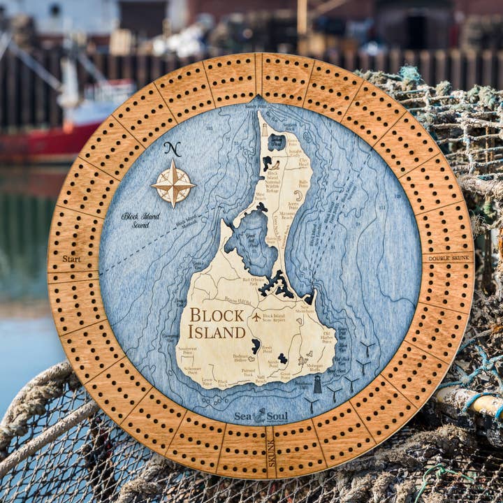 Sea & Soul Nautical Chart Art - Vente Jeux de cartes - Planche de cribbage en bois nautique personnalisée de Block Island5