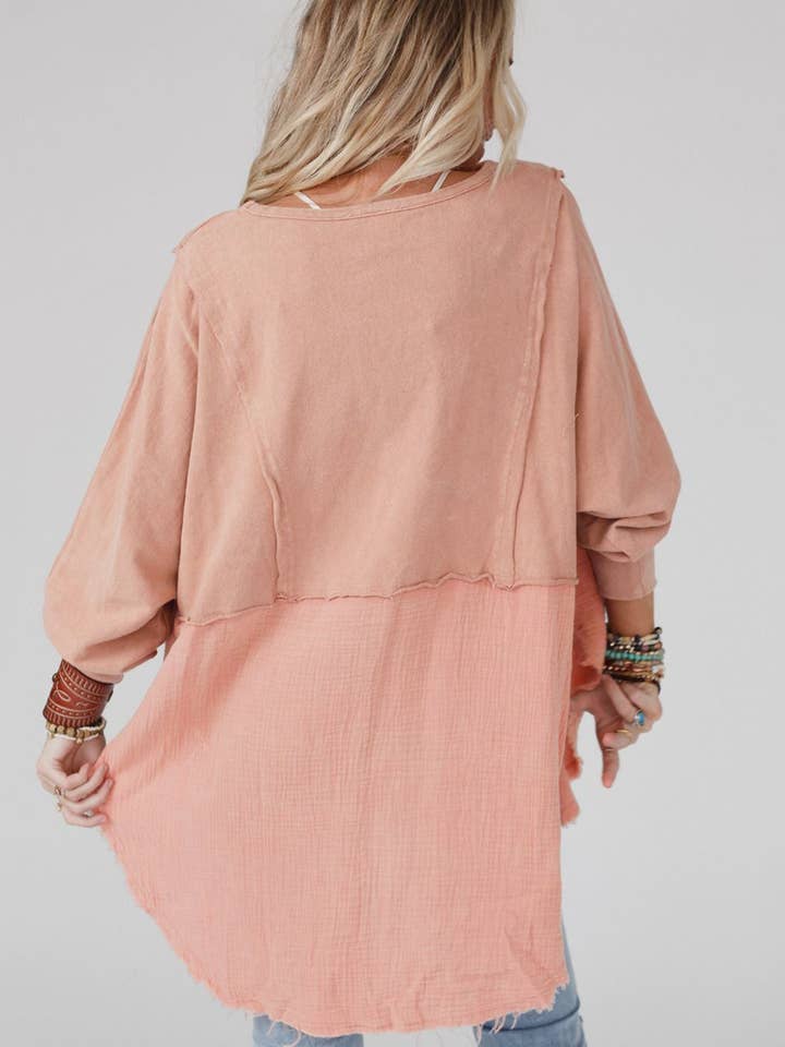 Lovesoft - Wholesale Tunic - Women's - Crinkle Splicing Raw Hem High Low Oversized Blouse2