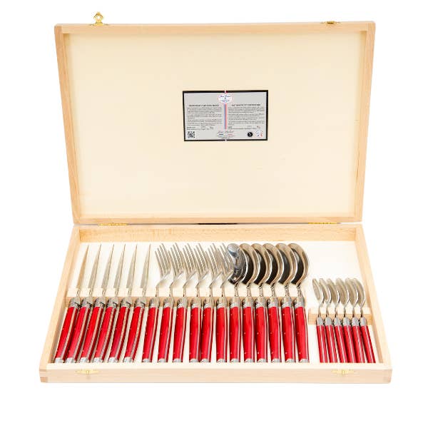 Jean Dubost 24 Pc Flatware Set with Red Handles in Clasp Box for wholesale by The French Farm