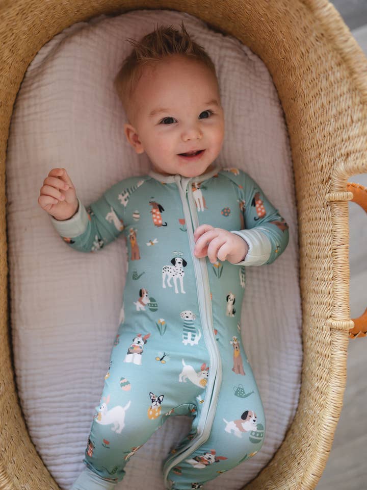 Puppy Egg Hunt (Convertible Zip Footies) - Aquamarine for wholesale by DreamLet