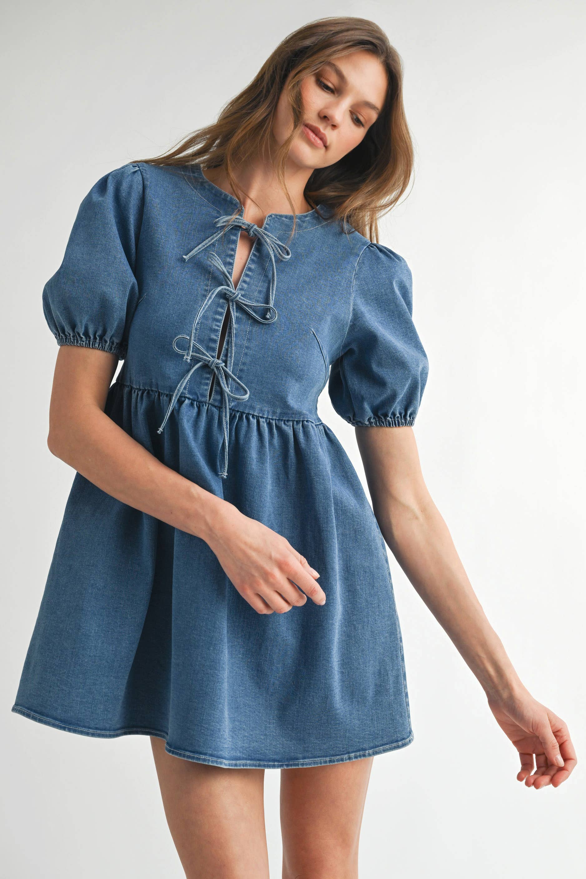 STONE WASH BLUE AD1727 Bow Detail Denim Mini Dress for wholesale on Faire3