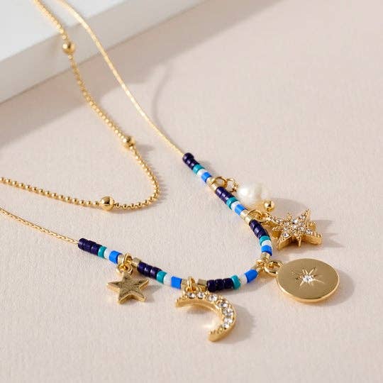 StarryNYC - Wholesale Pendant/Charm Necklace - 2 Row Necklace Multi Charm Star Crescent Starburst Pearl