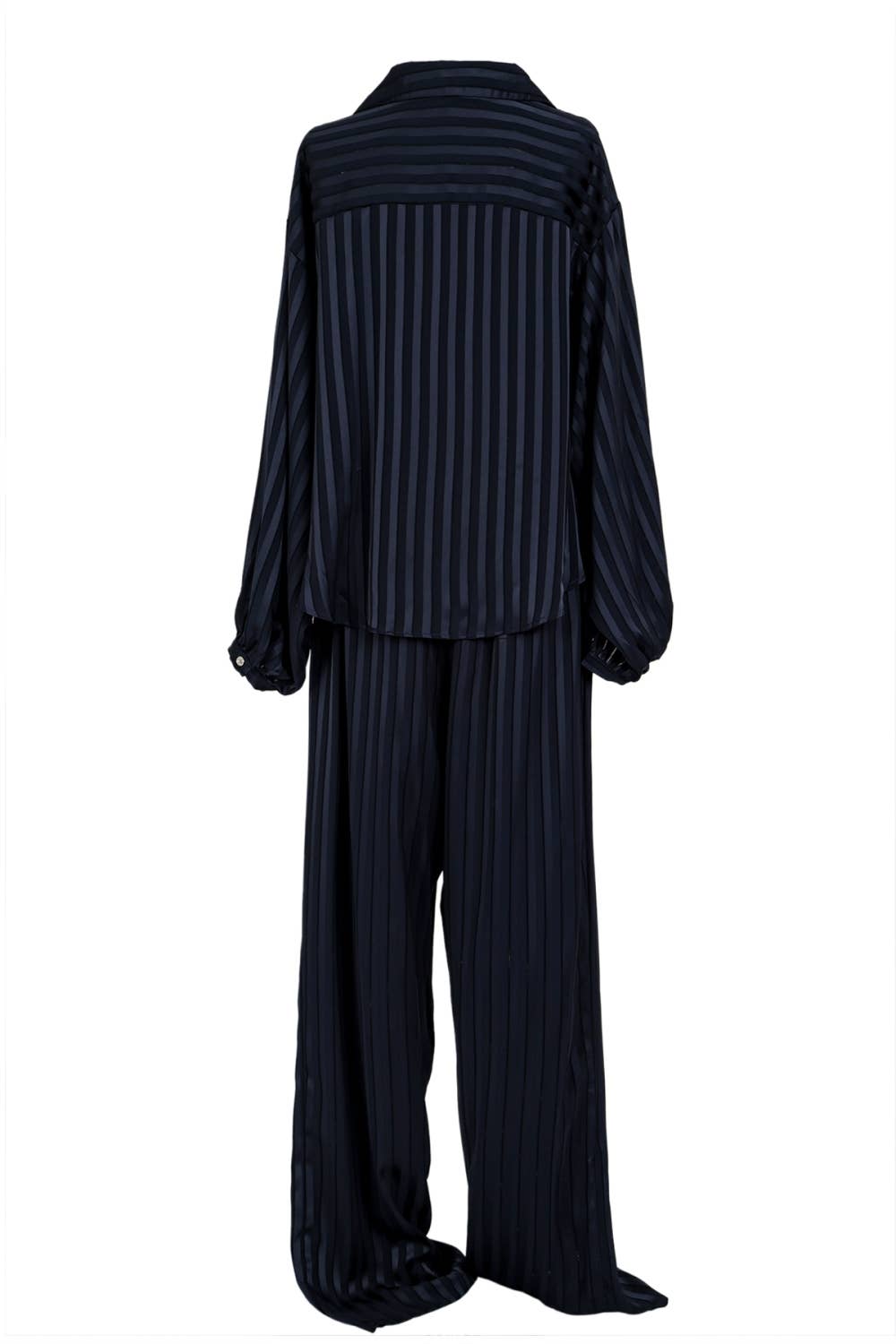 Beulah Style - Wholesale Top & Pant Set (NOT Loungewear) - Women's - Striped Satin V-Neck Collared Shirt & Pants Set QC62741