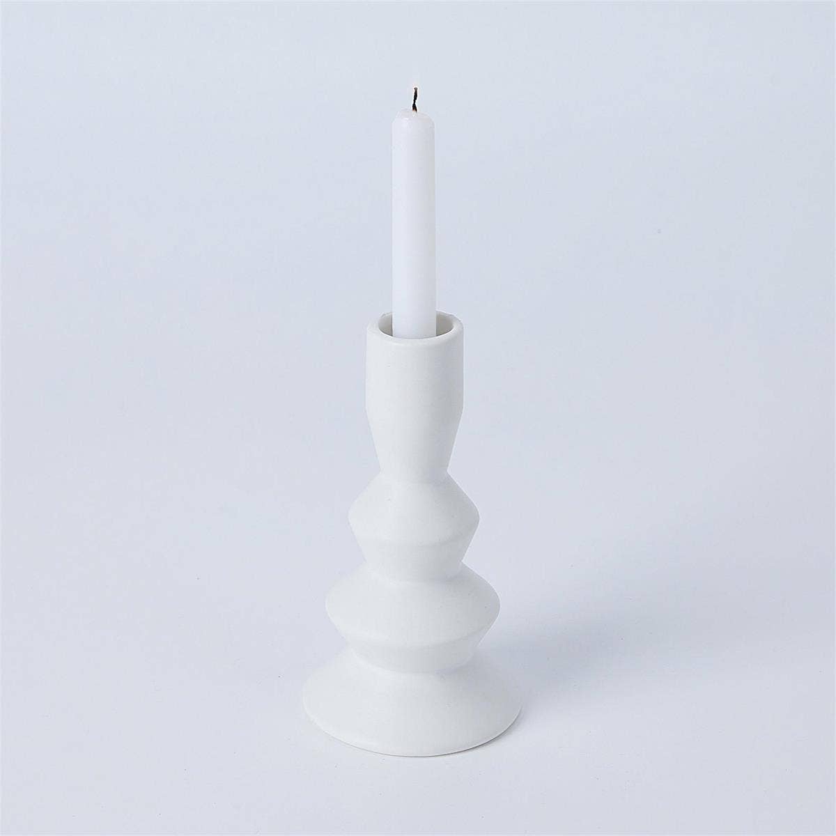 Truu Design - Wholesale Candle Holder - Truu Design Stacked Ceramic Taper Candle Holder, Matte White1