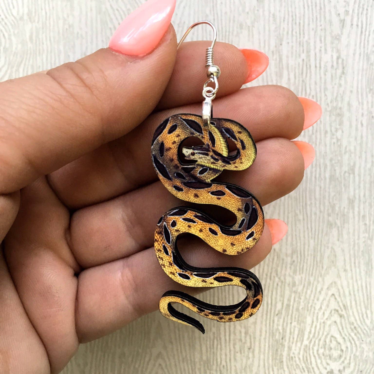 Toad Hill Farm - Wholesale Dangle Earrings - Yellow Python Earrings - Exotic Pets - Laser Cut Wood2