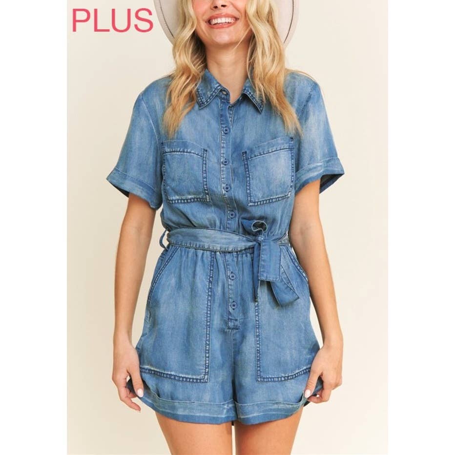 M.DENIM 9377X Plus Size Vasket Tencel Denim Krave Knap-Op Romper for engroshandel på Faire7