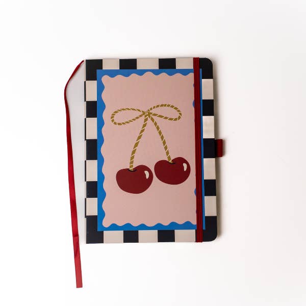 Carnet à couverture rigide et toucher doux avec nœud cerise, ouverture à plat pour la vente par Denik