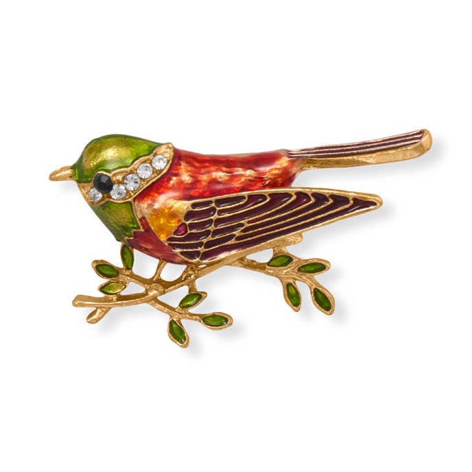Red and Green Sparrow Fashion Pin for wholesale by Silver Stars Collection