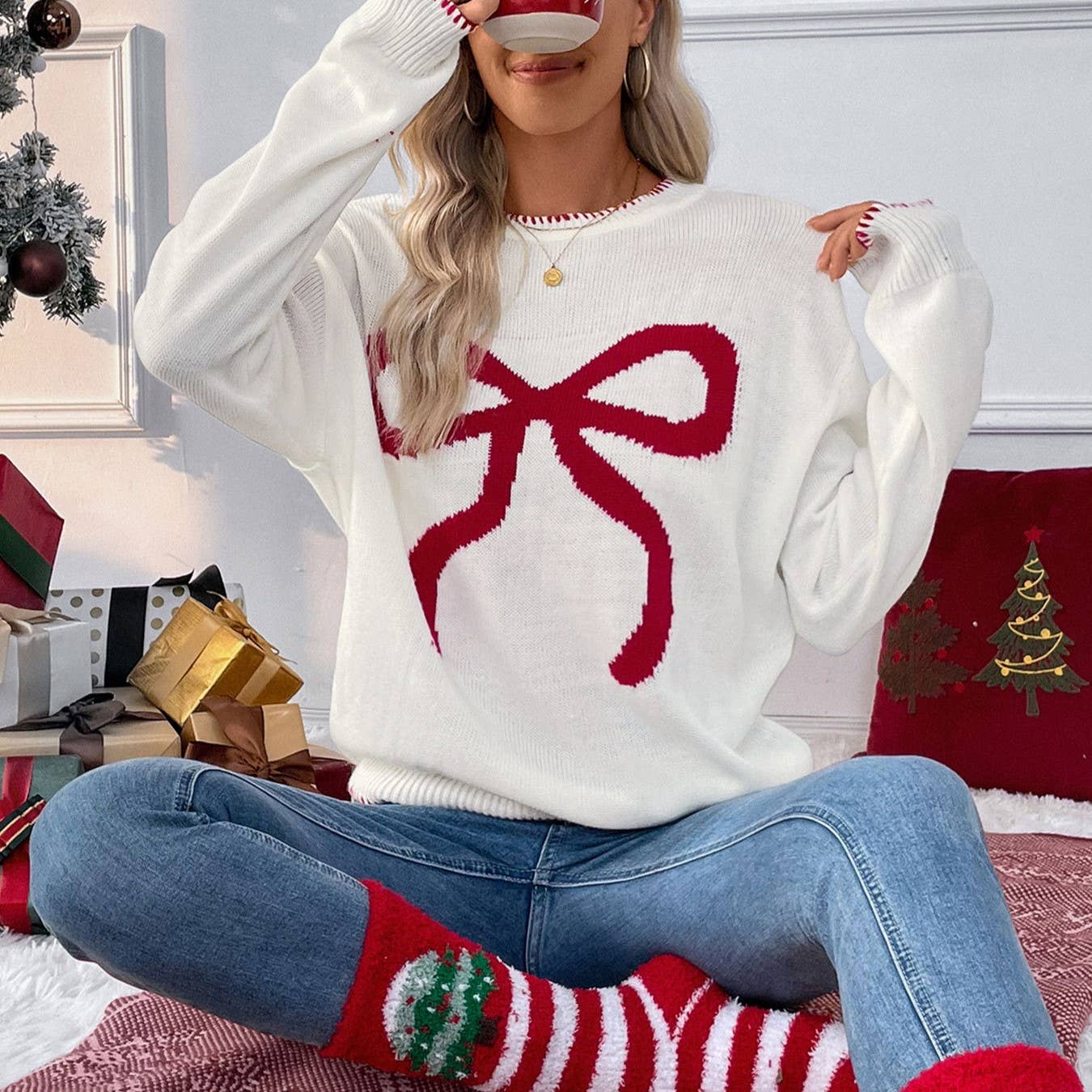 red bow christmas jumper