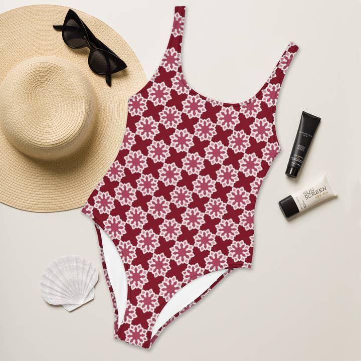 One-Piece Swimsuit - Arabesque Flower in Pink for wholesale by The Shamal