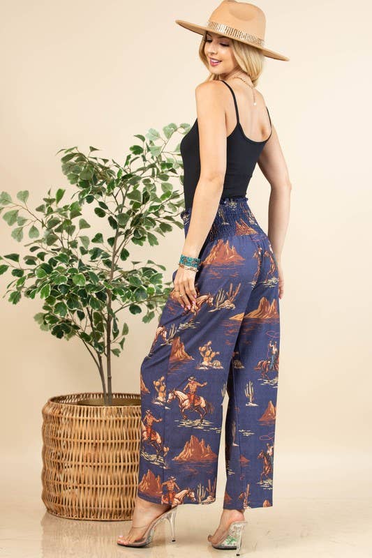 Denim Blå AV1243-WALLY WESTERN COWBOY DENIM PRINT VÆVEDE BUKSER for engroshandel på Faire7