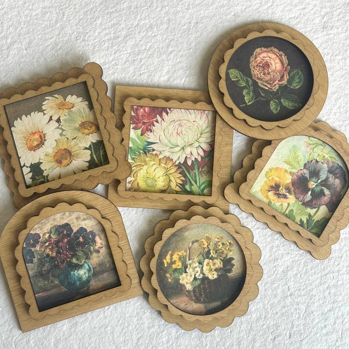 3x3 Magnets set/6 Moody Vintage Style Prints, Summer Florals for wholesale by Graphically Speaking Design