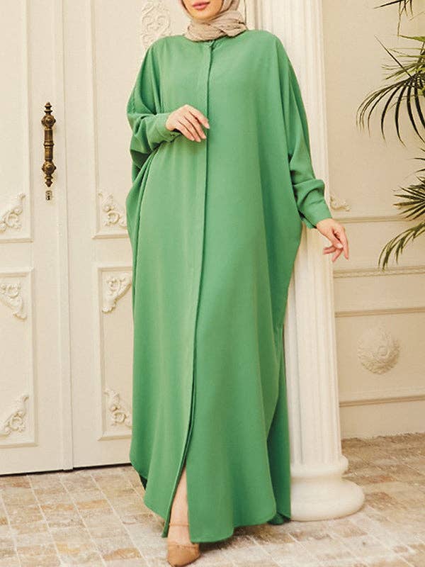 StyleGalX - Wholesale Dress - Women's - Batwing Sleeves Loose Buttoned Muslim Solid Color Split-Side Round-Neck Maxi Dresses