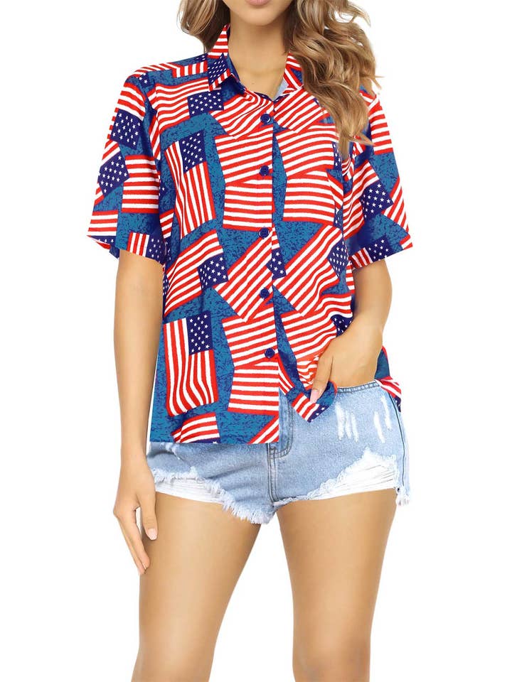 American Flag Hawaiian Shirt för kvinnor för wholesale av Happy Bay / La Leela
