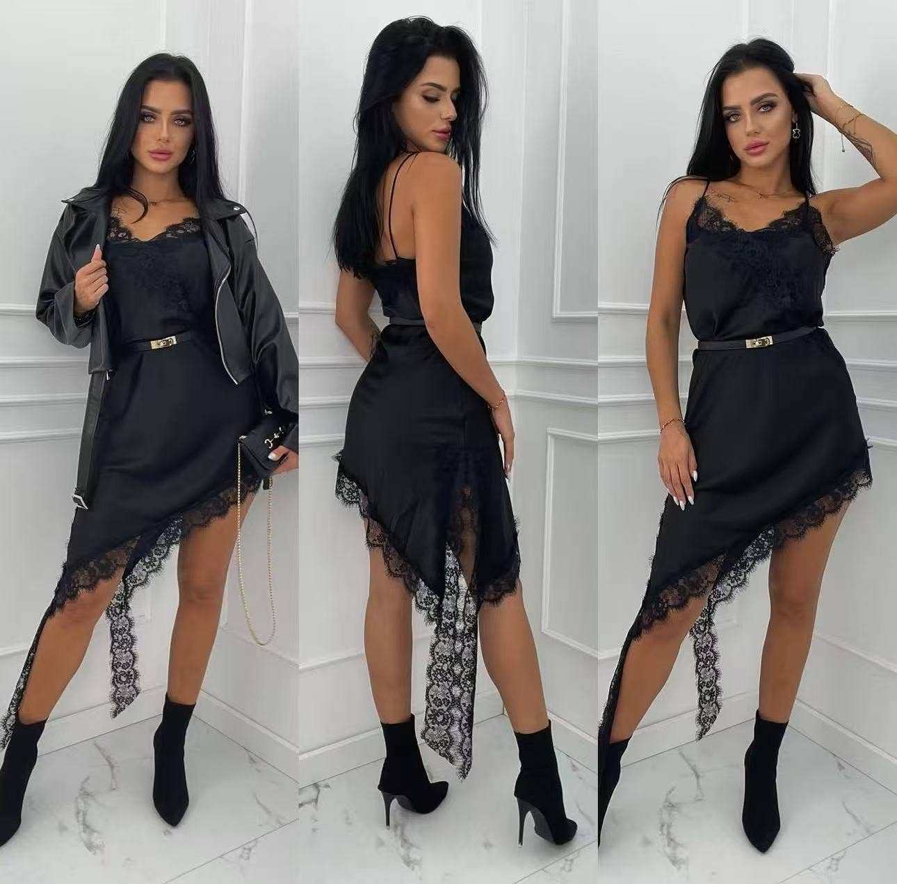 LORIANE - Wholesale Dress - Women's - 7439 Asymmetrical Short Strap Satin Dress7