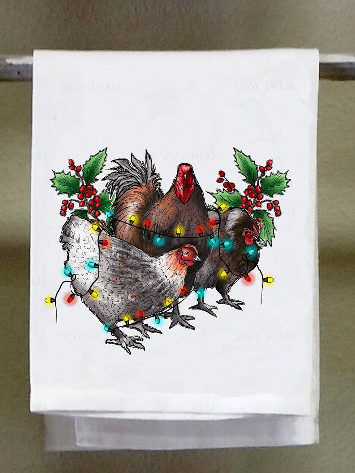 Dish Towel, Christmas, Merry Christmas, Chickens with lights for wholesale by Sassy Talkin