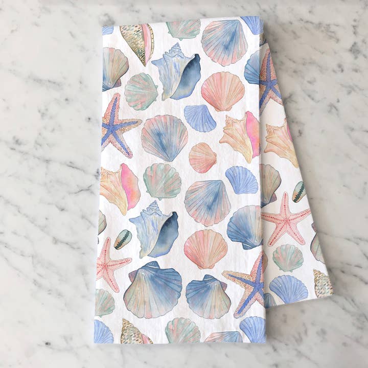 KelseyMDesigns - Wholesale Tea Towel - Seashells Tea Towel - Coastal/Beach Summer Kitchen Decor