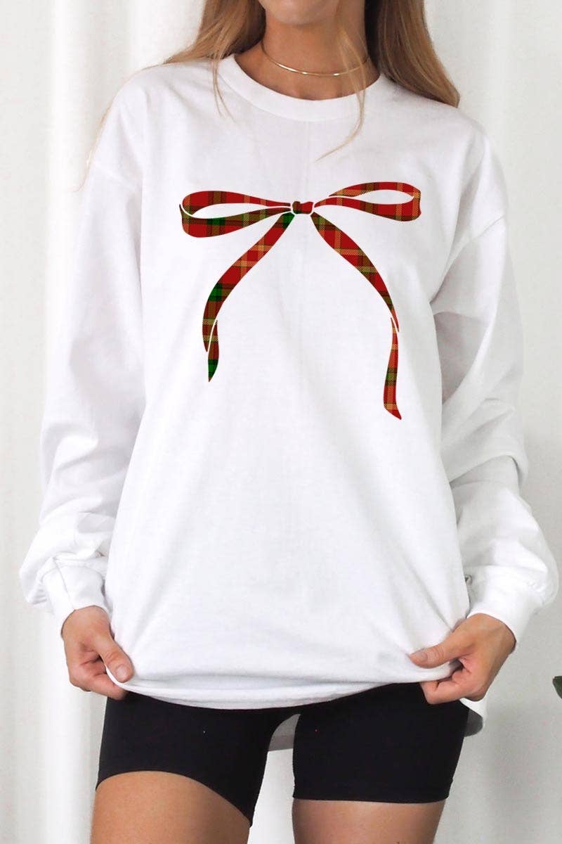 COLORBEAR - Vendita all'ingrosso Maglietta stampata - Donna - Maglietta grafica natalizia a maniche lunghe con fiocco rosso0