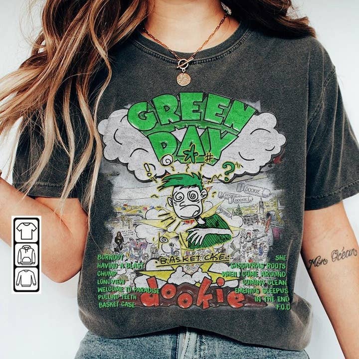 TheKingShirt - Wholesale Graphic Sweatshirt - Women's - Dookie Basket Case Album 90s Shirt, Green Day Tour Tee