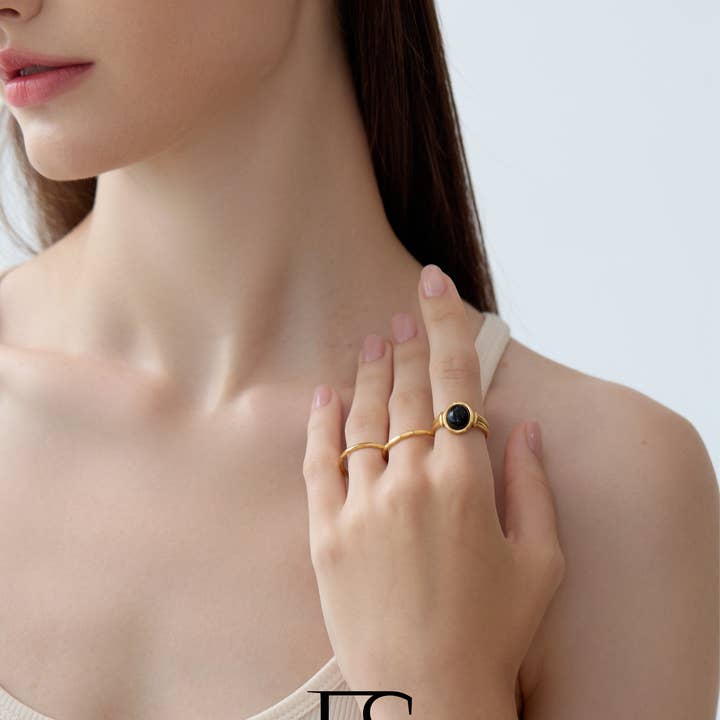 Furano Studio - Wholesale Signet Ring - Black Onyx Signet Ring, Non Tarnish Gold Signet Ring