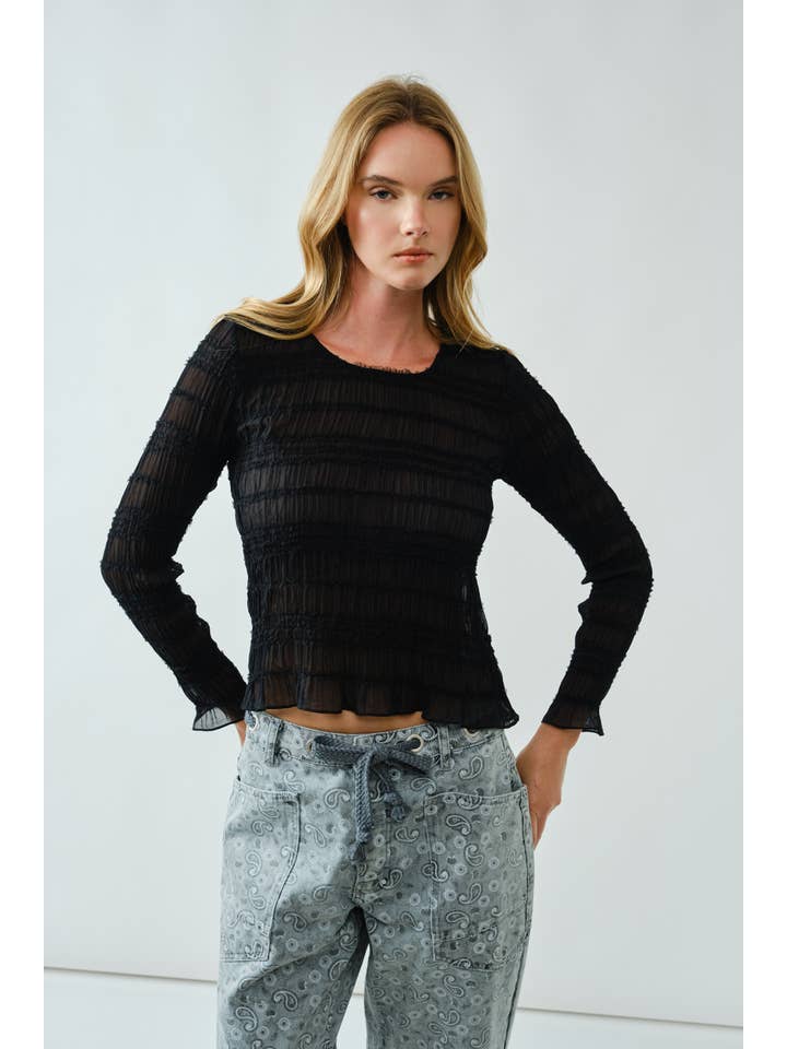 Aaron & Amber - Wholesale Knit Top - Women's - AJT5432 LACE DETAIL SHEER SMOCKING TOP5