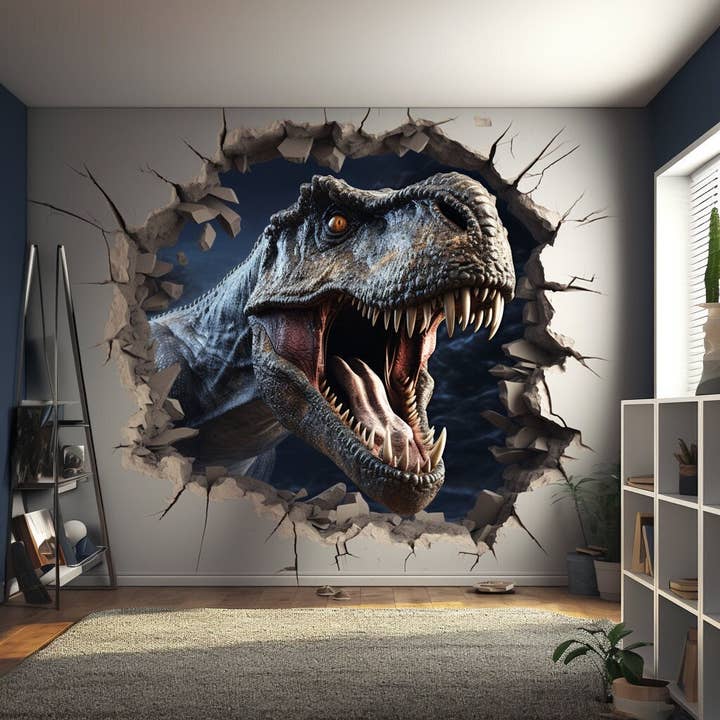 Autocollant mural 3D Dinosaures - Décoration en vinyle avec effet d'illusion brisée pour la vente par Decords